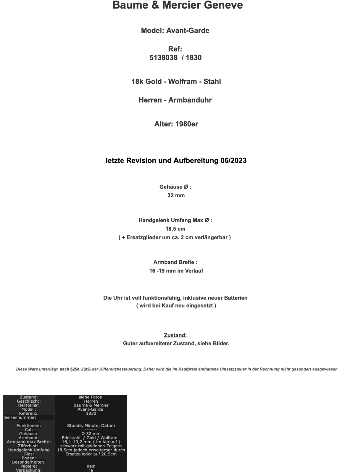 Baume & Mercier 32mm Avant-Garde 5138038 1830 Gold / Wolfram Herren Uhr 18K 80er - Antikhandel-Stuttgart