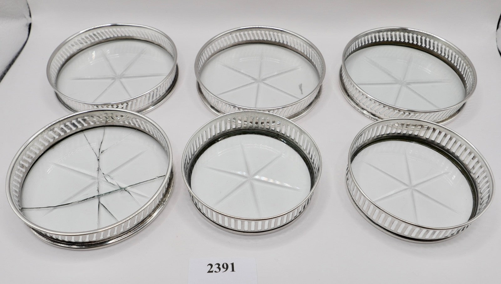 6 Glas Untersetzer Sterling Silber mit Kristall 145B