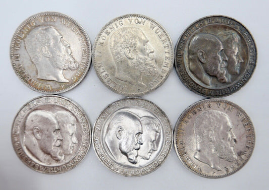 6x 3 Mark 1909 - 1911 Silbermünze Württemberg Wilhelm Jäger 175 & 177a - Antikhandel-Stuttgart