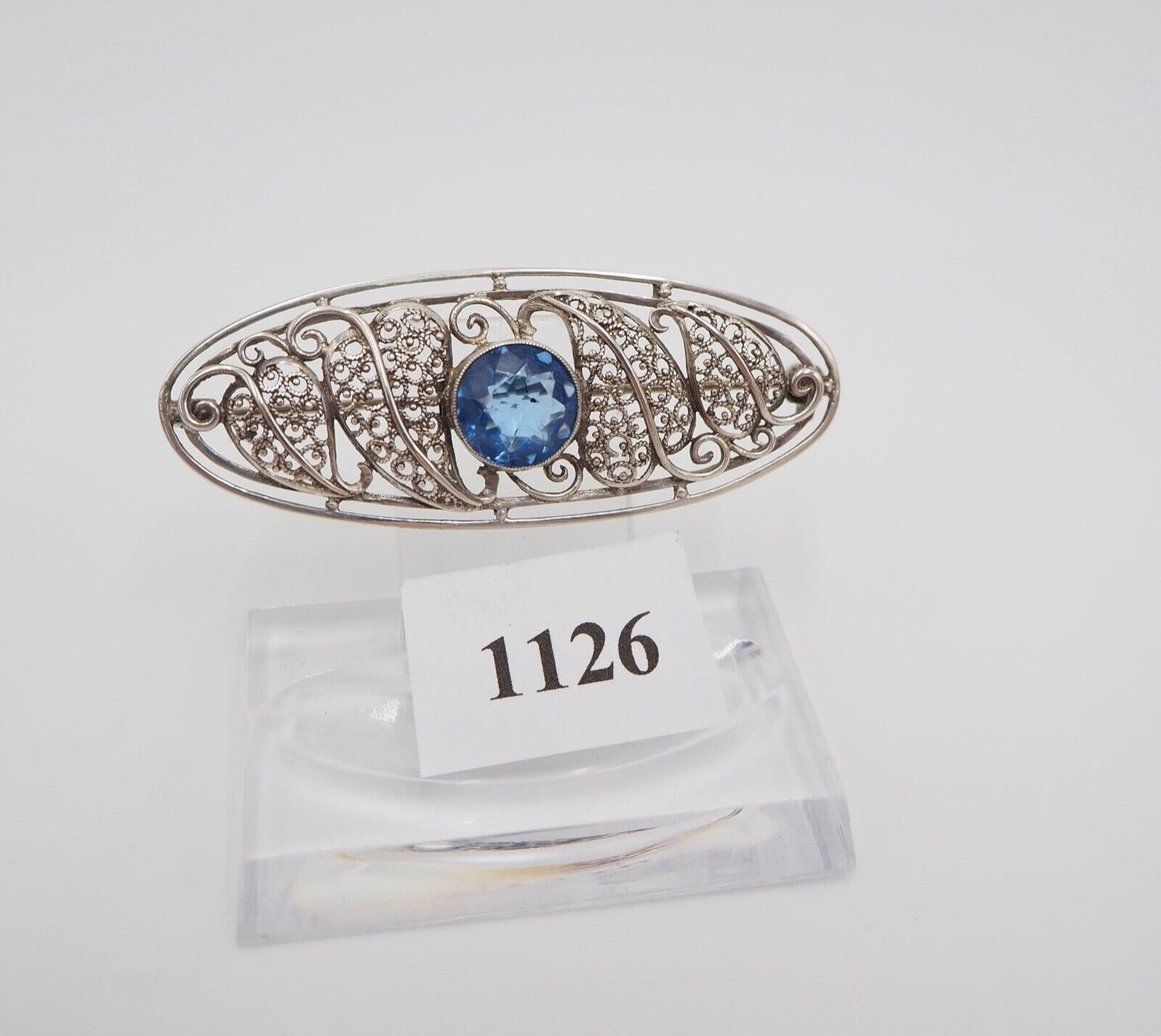 alte 50er Jahre Silber 835 filigran floral Brosche 57mm oval Schmuckstein blau - Antikhandel-Stuttgart