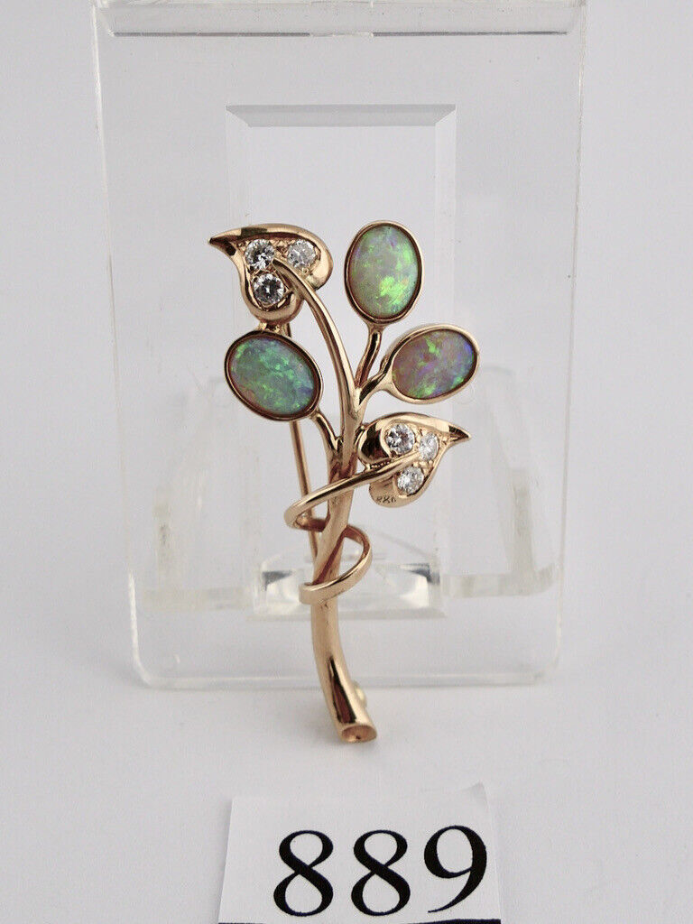 Florale 585 14K Gelbgold Brosche mit Opal und 0,66 Ct Brillanten Ø 50 mm Blume - Antikhandel-Stuttgart