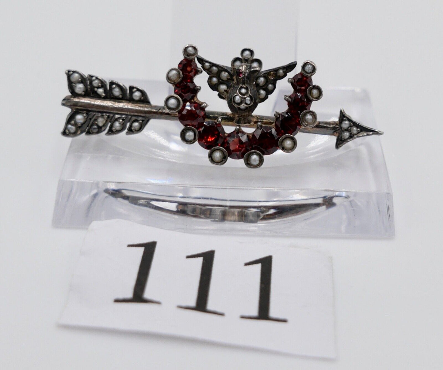 Antike 19. JH WIEN Pfeil Brosche Fluß Saatperlen Granat Silber vergoldet 48mm - Antikhandel-Stuttgart