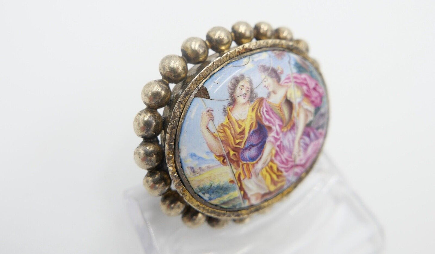 antike Brosche aus dem 19. Jh Silber vergoldet Emaille Barock Szene - Antikhandel-Stuttgart