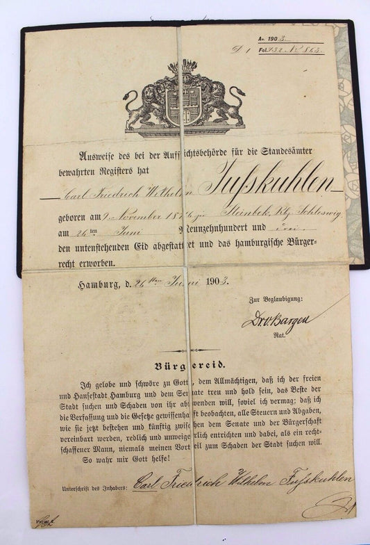 Bürgerrecht Urkunde 1903 Bürgereid freie Hansestadt Hamburg Civil rights certifi - Antikhandel-Stuttgart