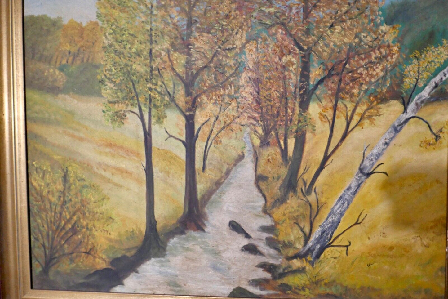 Ölgemälde 91x71 cm signiert Landschaft BACH BÄUME FELD 1976 - Antikhandel-Stuttgart