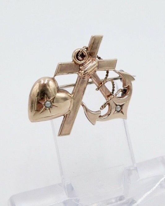 antike Brosche um 1900 Seefahrt Anker Herz Kreuz mit Perlen Silber vergoldet - Antikhandel-Stuttgart
