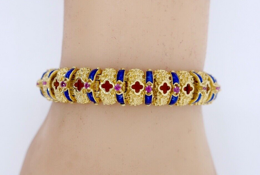 Massives UNOAERRE Gelbgold Armband 750 18K Emaille Rubin 1AR Arezzo Italien 60er - Antikhandel-Stuttgart