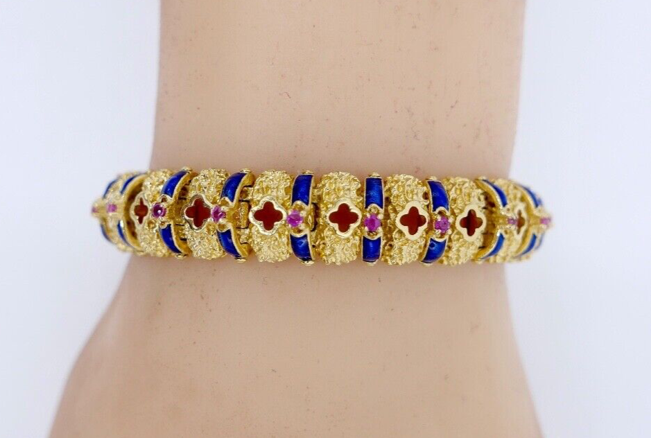 Massives UNOAERRE Gelbgold Armband 750 18K Emaille Rubin 1AR Arezzo Italien 60er - Antikhandel-Stuttgart