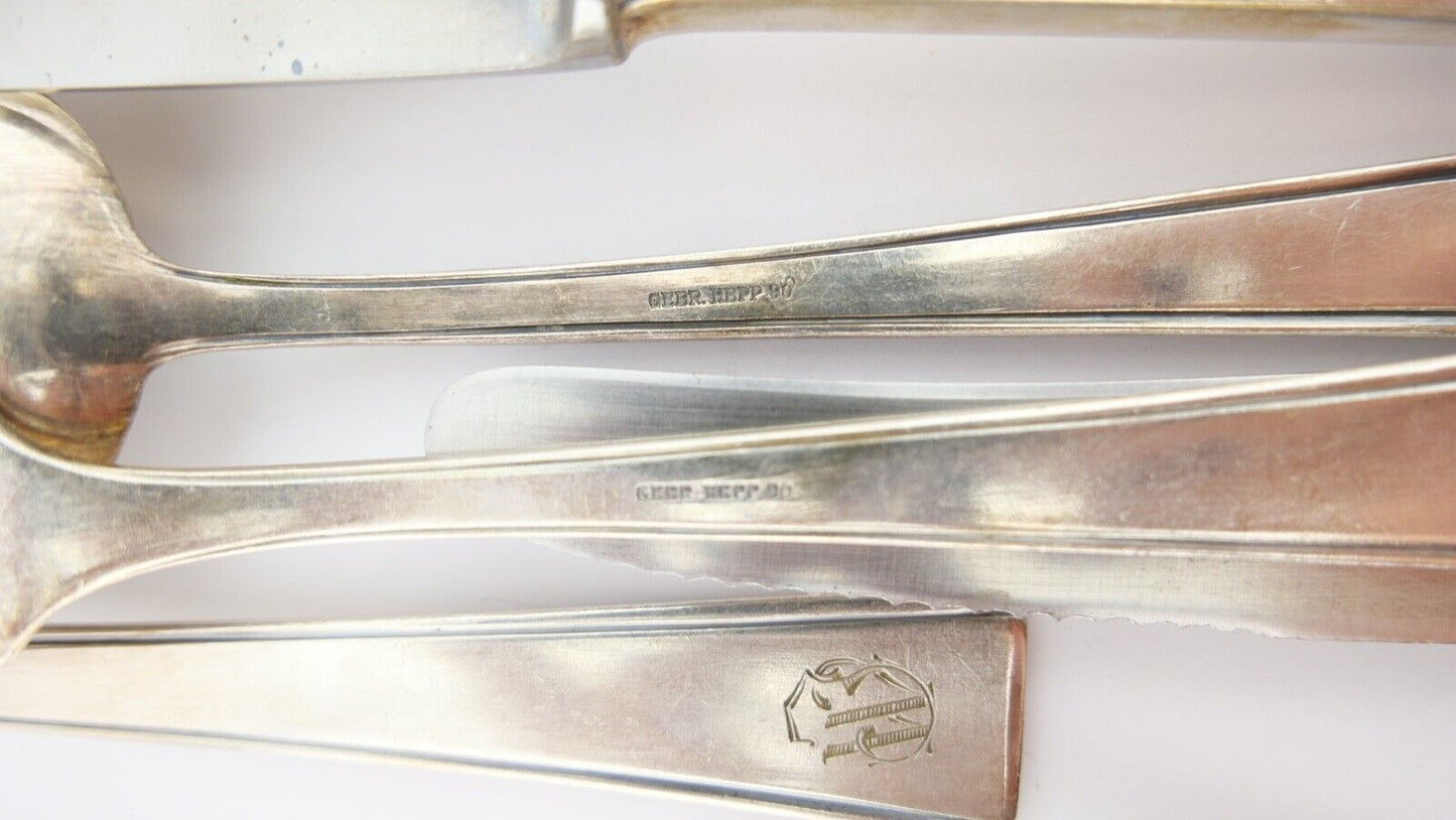 Art Deco " GEBR. HEPP 90 " 36 Tlg. cutlery Besteck 1930er 1940er Monogramm JW WJ - Antikhandel-Stuttgart
