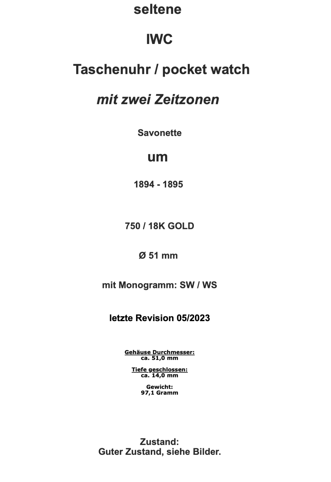 IWC Taschenuhr 750 / 18K GOLD 51mm 1894 / 1895 SW WS Savonette 2 Zeitzonen - Antikhandel-Stuttgart
