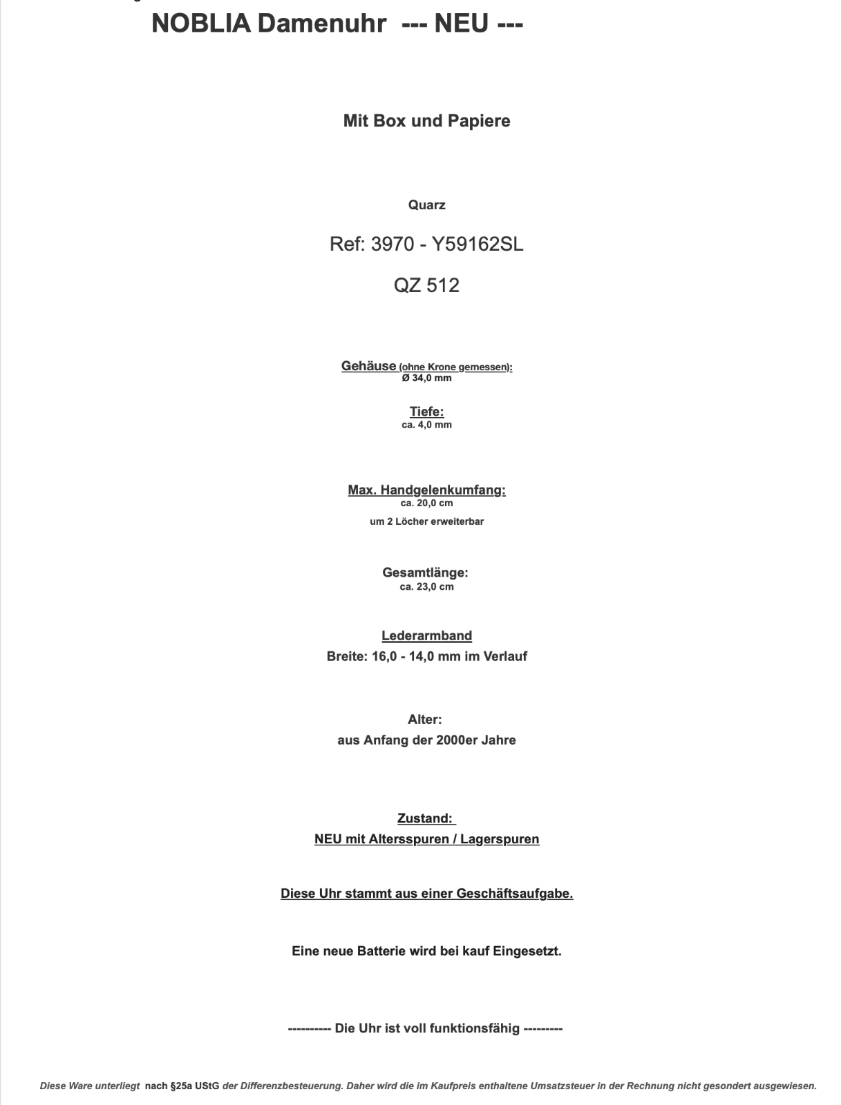 Elegante NOBLIA Damen Uhr NEU Box & Papiere Full Set QZ 512 / 3970 - Y59162SL - Antikhandel-Stuttgart