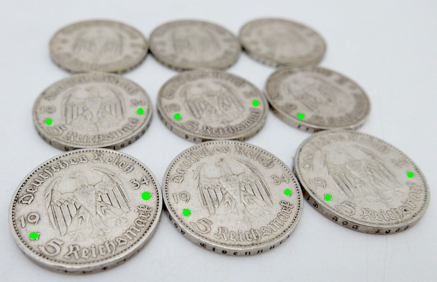 9x 5 Reichsmark 900 Silbermünzen J. 356 Garnisonskirche Datum 1934 aus Münzrolle - Antikhandel-Stuttgart