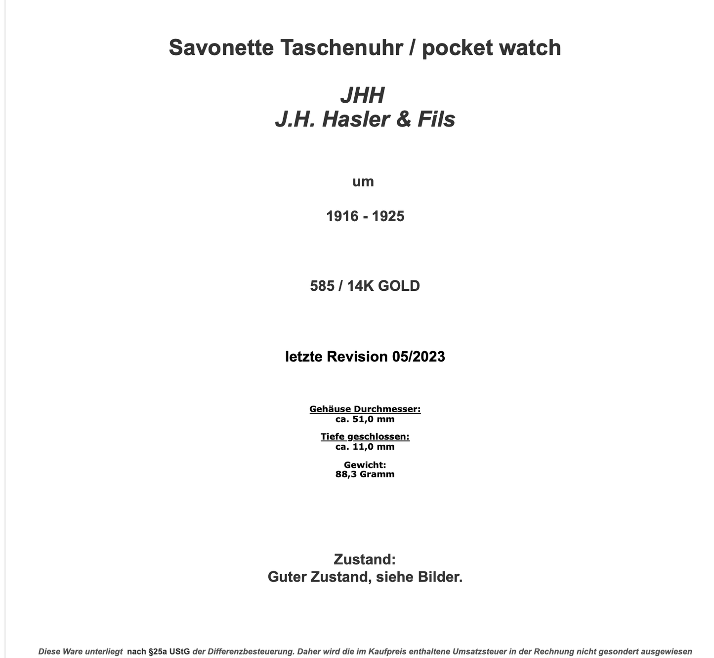 JHH J.H. Hasler & Fils 1916 - 1925 Savonette Taschenuhr 585 / 14K GOLD Ø 51mm - Antikhandel-Stuttgart