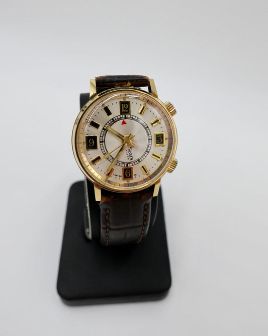 SEARS Mechanical Alarm 1970er Jahre Herrenuhr Handaufzug mit Lederband 16206 - Antikhandel-Stuttgart