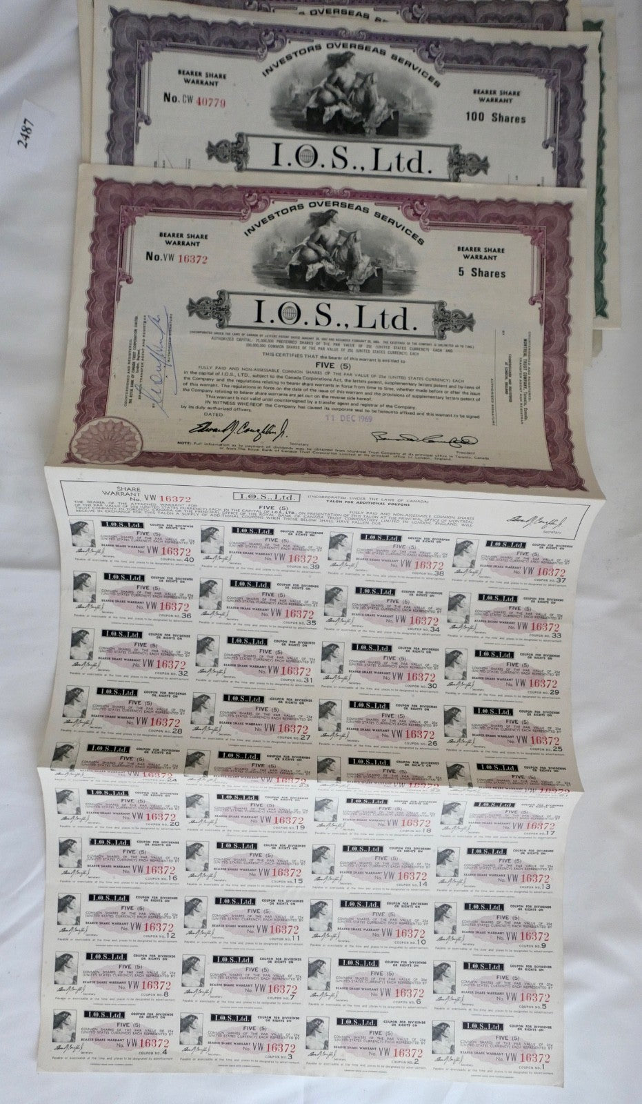 6x Aktien I.O.S. Ltd. Overseas & Tobacco Products Corporation Stock Wertpapier