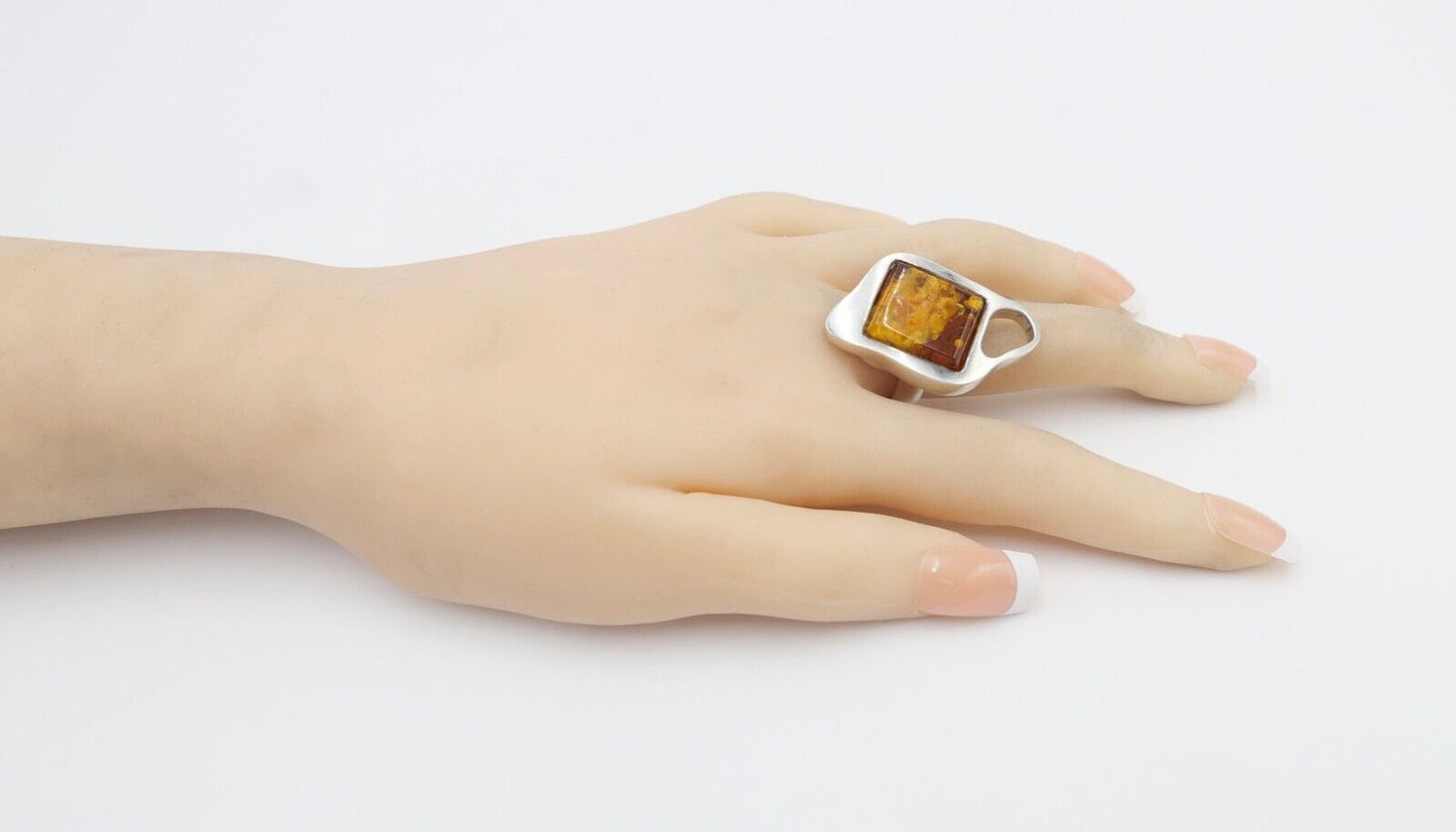 80er Jahre Designer Ring Bernstein Silber 925 Gr. 53 Frauenkopf G Danzig Polen - Antikhandel-Stuttgart