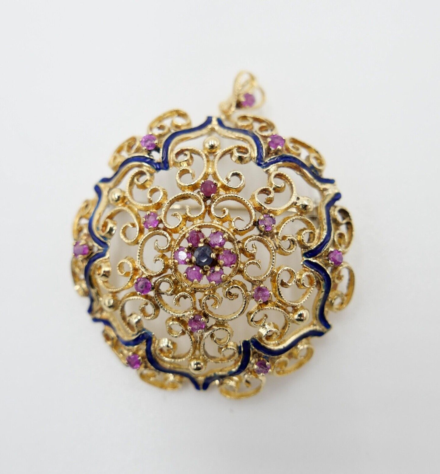 Filigrane Gelbgold Brosche & Anhänger Rubin Saphir Blaue Emaille Ø 40mm 750 18K - Antikhandel-Stuttgart