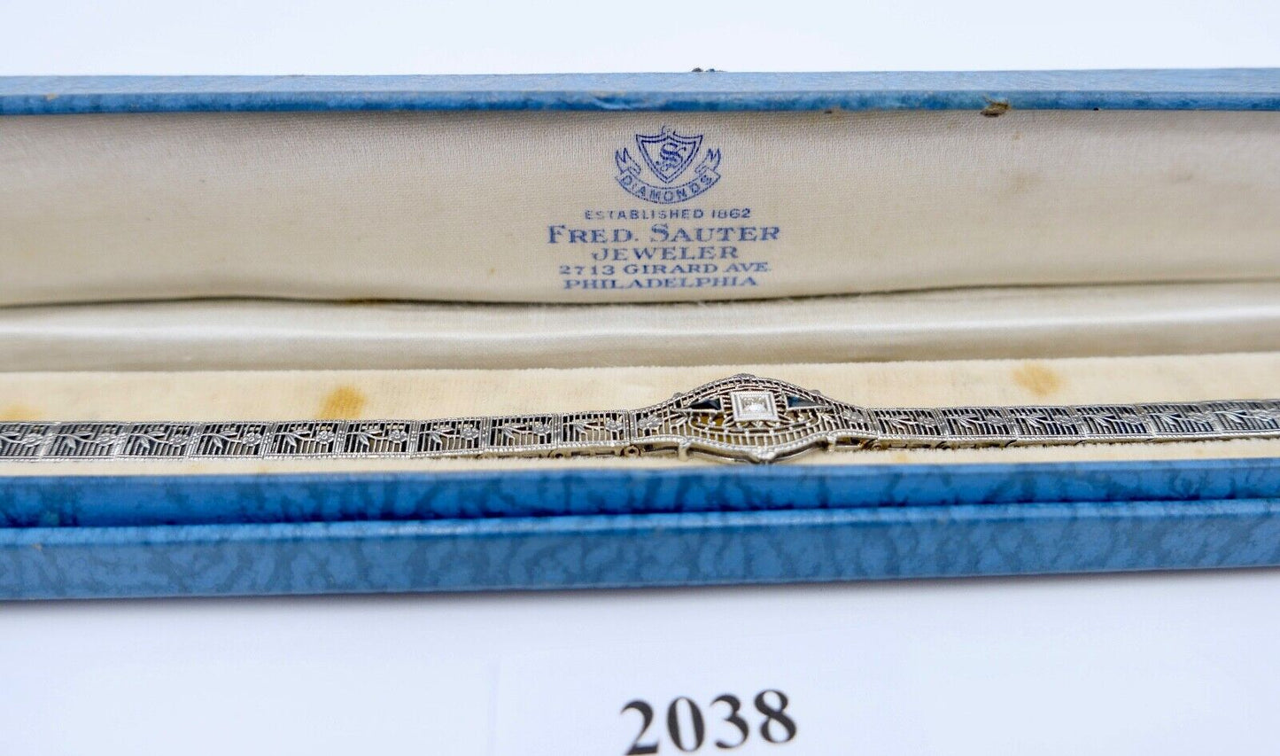 20er Floral Filigranes Damen Armband 10K Weißgold PHILADELPHIA Diamant & Saphir - Antikhandel-Stuttgart