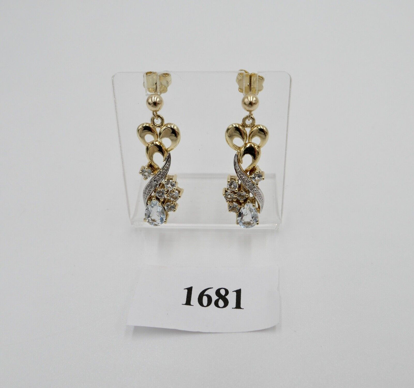 80er Jahre Ohrringe Ohrhänger GOLD 585 / 14K mit Aquamarin und Quarz - Antikhandel-Stuttgart