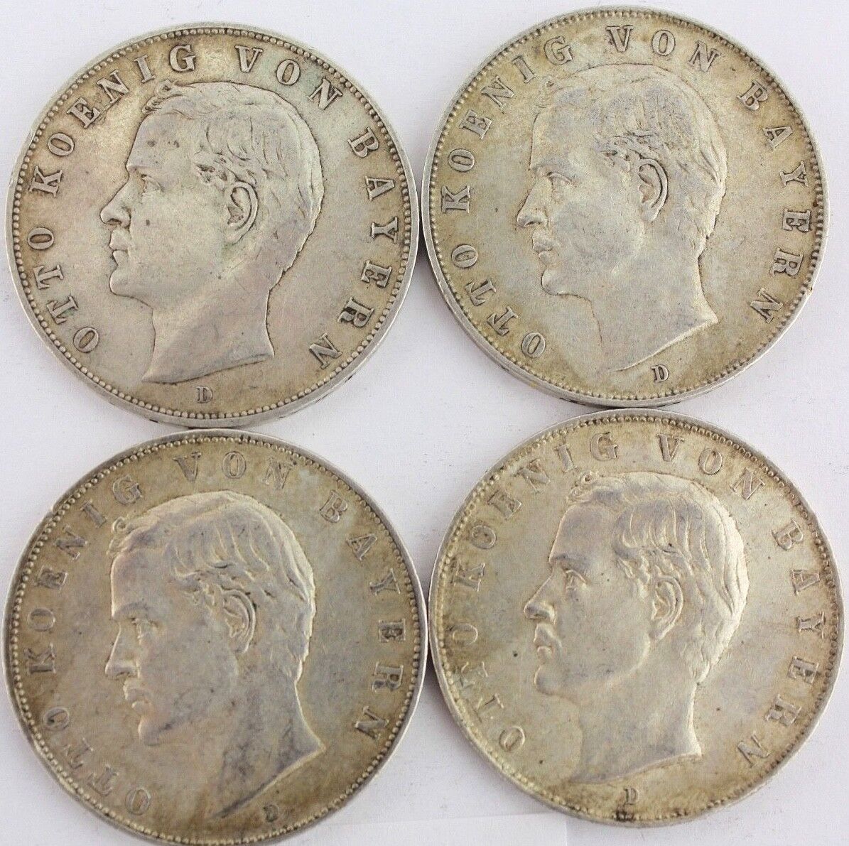 4x 3 Mark " OTTO " König von Bayern 1909 1910 1912 1913 D Jäger J. 47 Silber - Antikhandel-Stuttgart