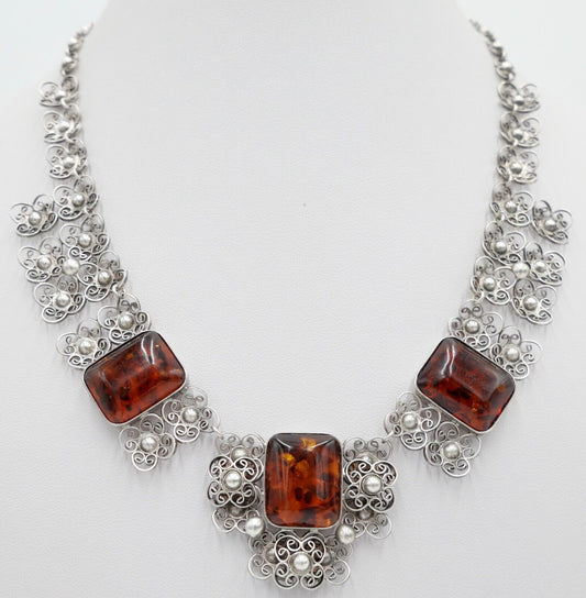 30er 40er vintage FISCHLAND Bernstein Kette Halskette Collier 33,4 gr silber 835 - Antikhandel-Stuttgart