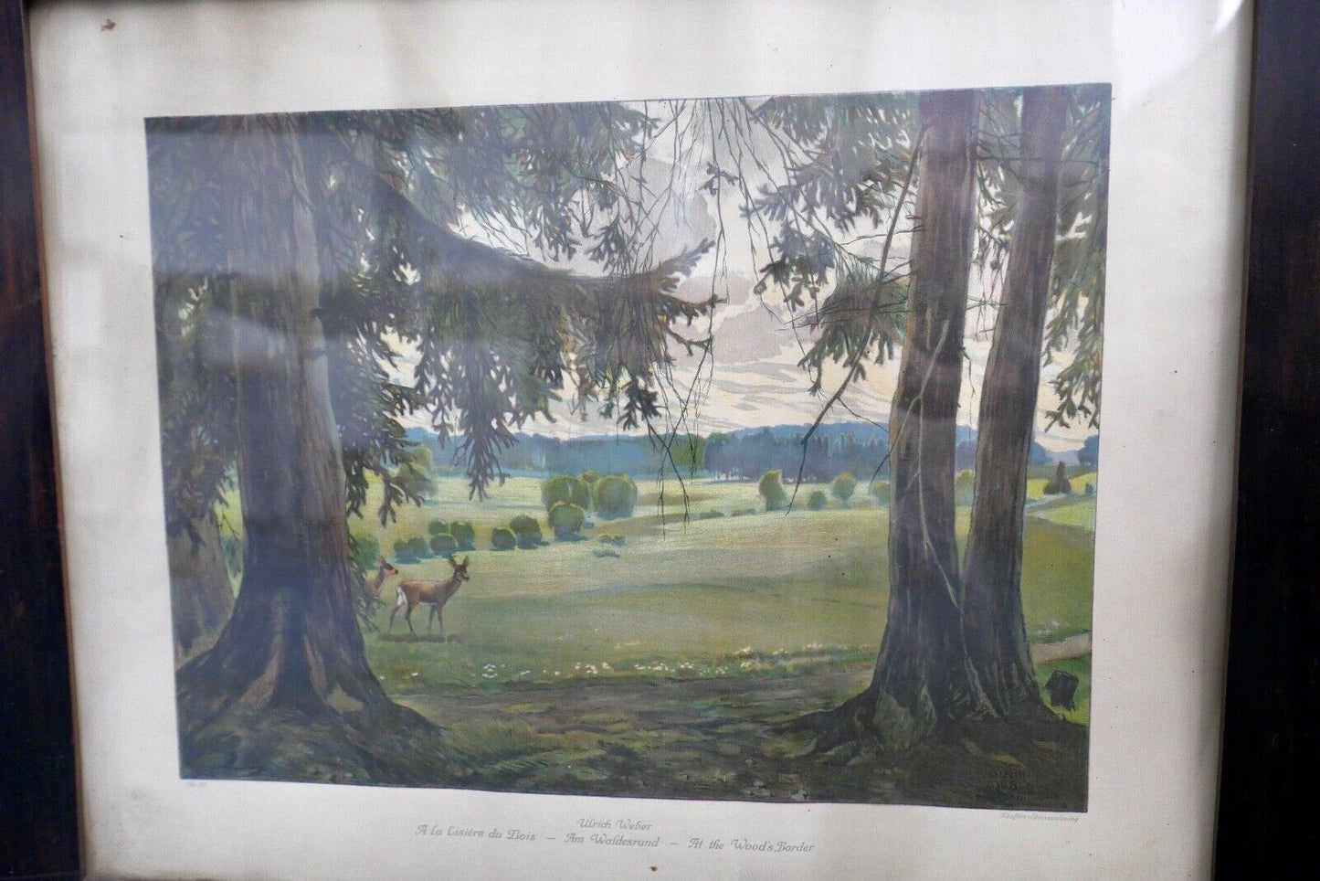 ULRICH WEBER Verlag Leipzig Farb - Lithographie " am Waldesrand " signiert - Antikhandel-Stuttgart