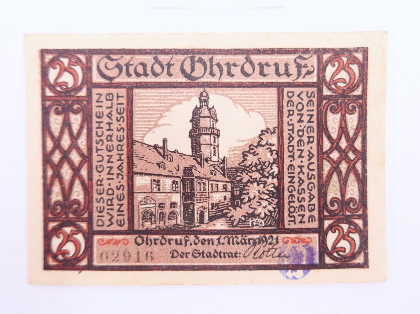 SEHR SELTEN Notgeld der Stadt Ohrdruf 1921 GESTEMPELT 25 Pfennig AU/EF - UNC - Antikhandel-Stuttgart