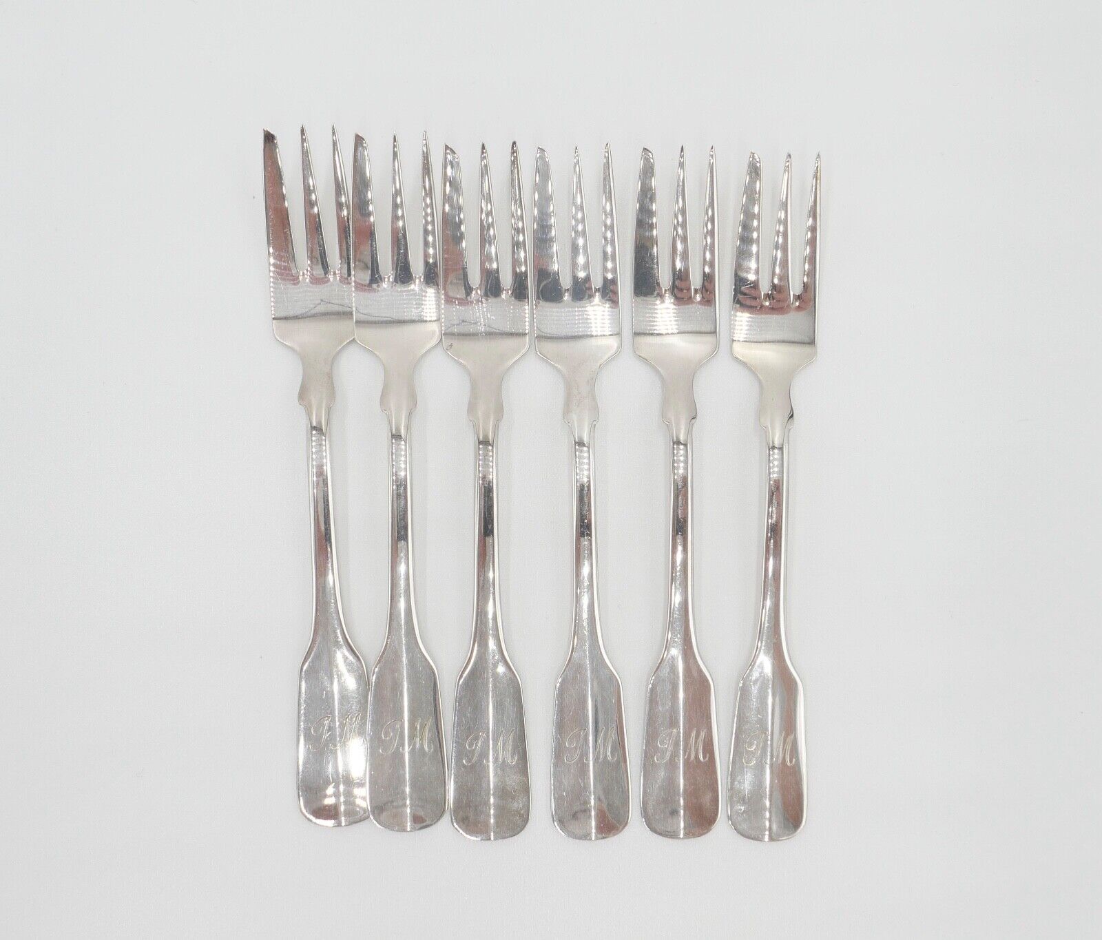 800 Silber Besteck 6 tlg. Kuchengabel Gebrüder Reiner Spatenmuster Monogramm JM - Antikhandel-Stuttgart