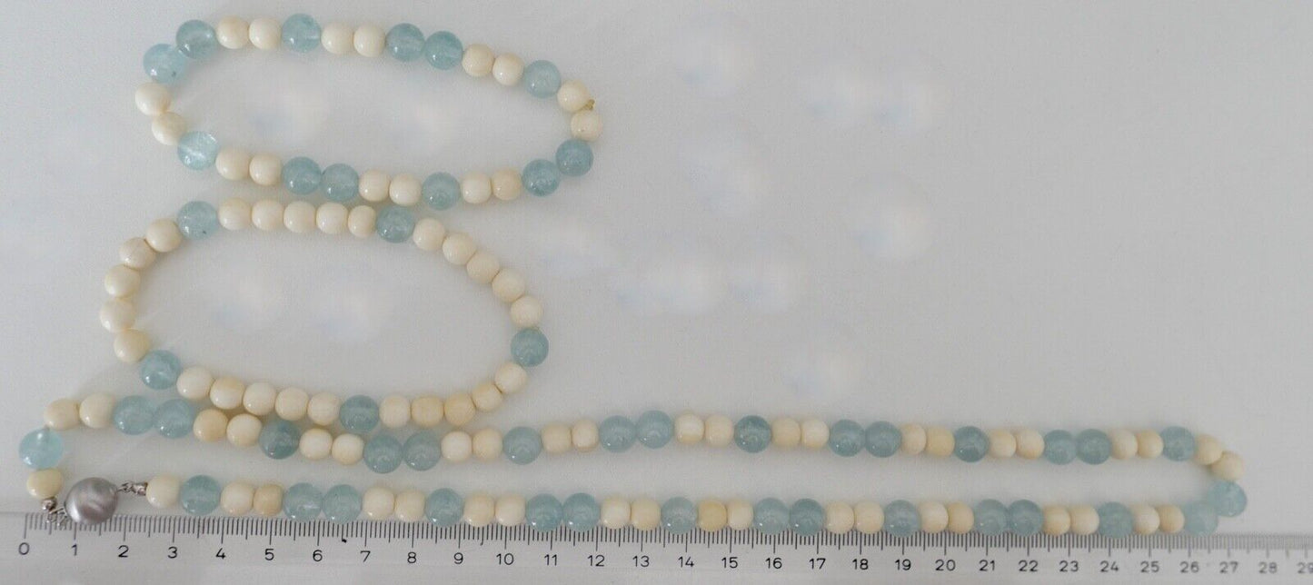 SET 3 Teilig Armband & Kette 55 cm Bein & Aquamarin 585 / 14K Gold - Antikhandel-Stuttgart