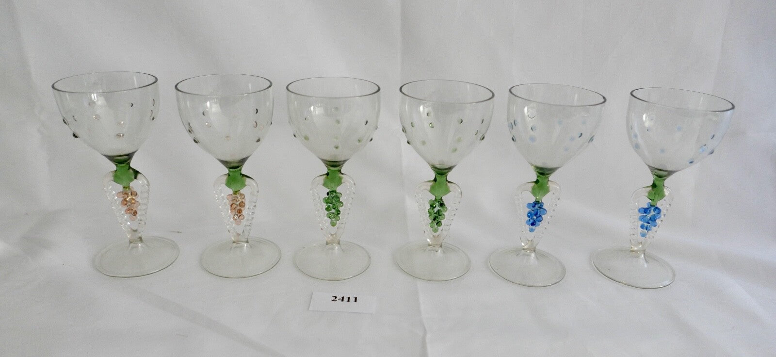 6x Lauscha Bimini Likör Glas Gläser Set Art Deco 10,7 cm buntes Traubenmotiv