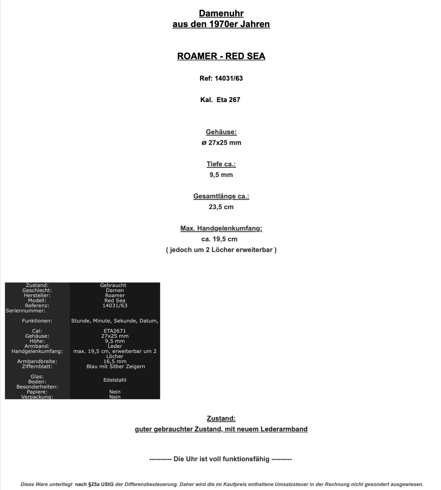 1970er Jahre ROAMER RED SEA Automatic Eta 2671 Damen Armbanduhr 14031/63 - Antikhandel-Stuttgart