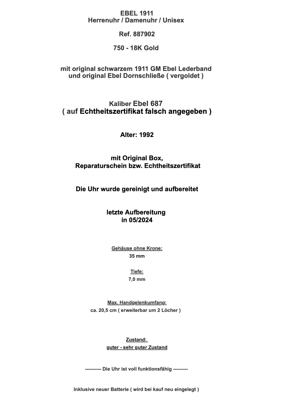 EBEL 1911 Sport Herren Damen Unisex Uhr 750 18K Ø 35mm Ref 887902 mit Lederband - Antikhandel-Stuttgart