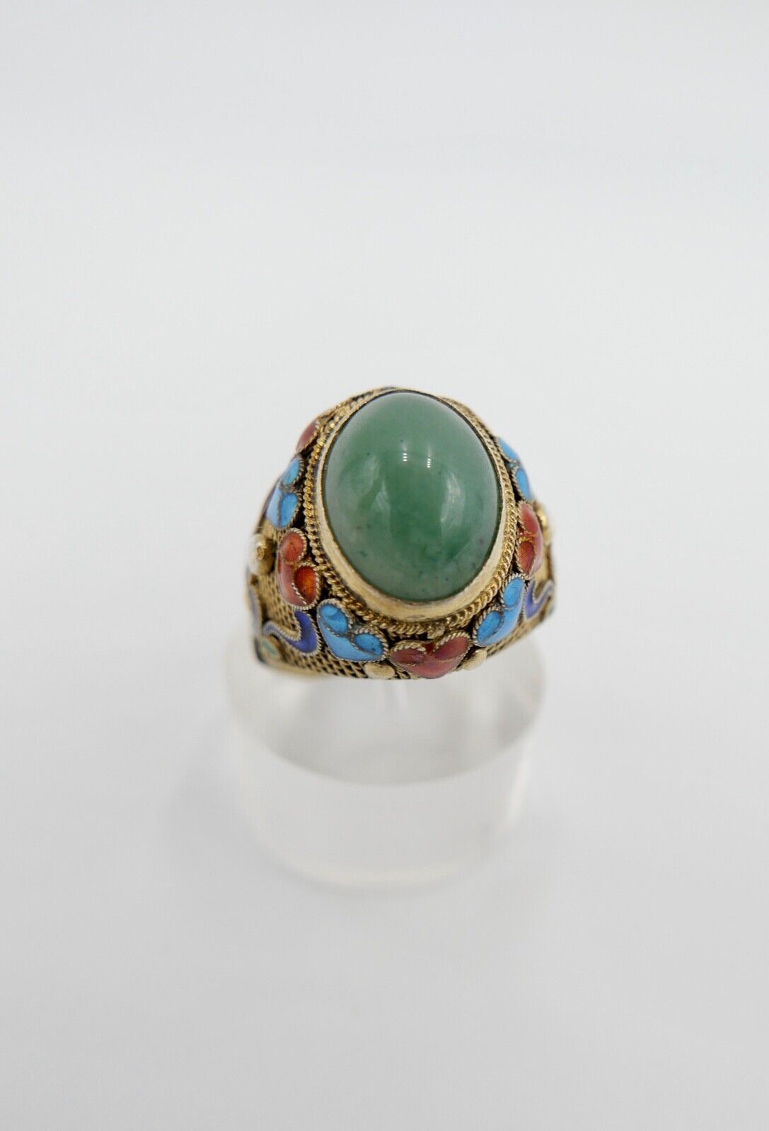 60er Jahre Silber Ring vergoldet Emaille Jade Cabochon Gr. 55 China Silver - Antikhandel-Stuttgart