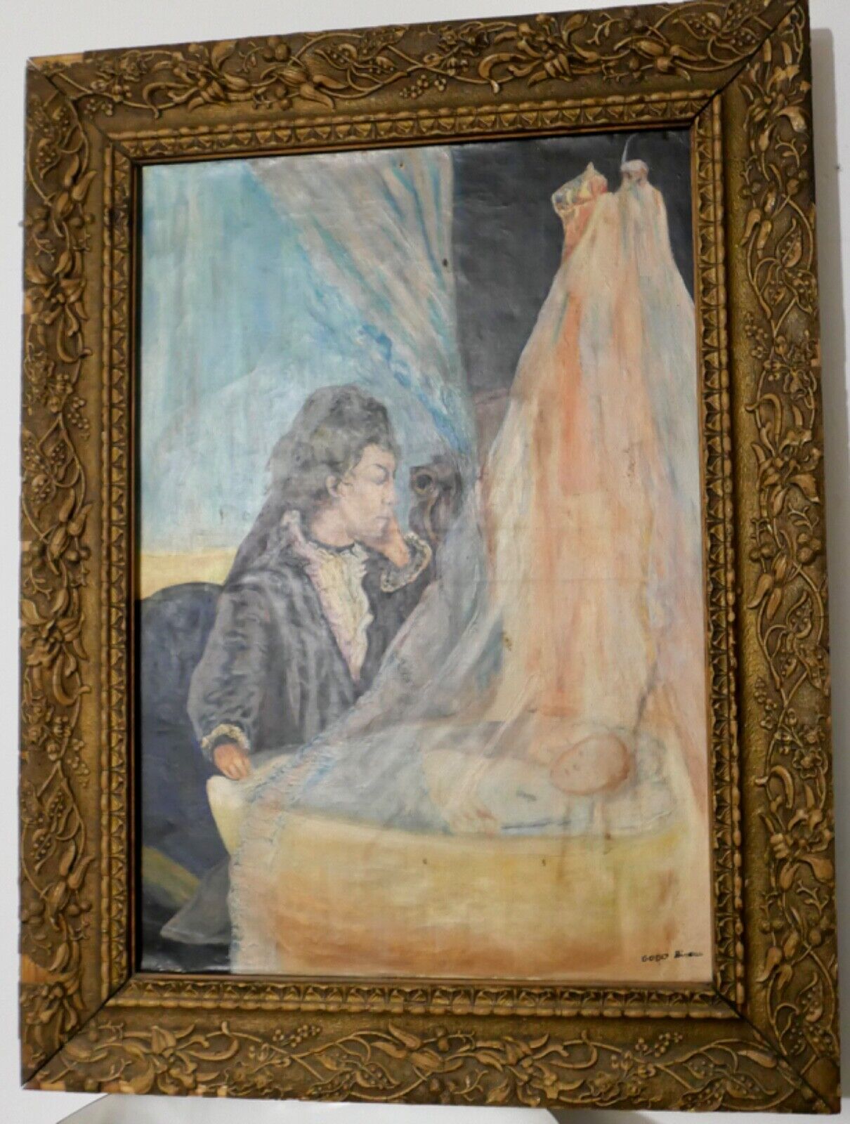 Gemälde Öl oil Leinwand 67x51 cm signiert "GODO" Vater an Kinderwiege - Antikhandel-Stuttgart