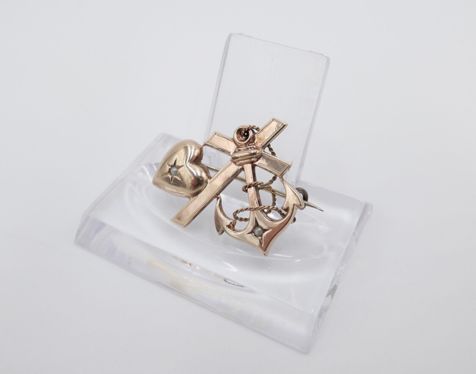 antike Brosche um 1900 Seefahrt Anker Herz Kreuz mit Perlen Silber vergoldet - Antikhandel-Stuttgart