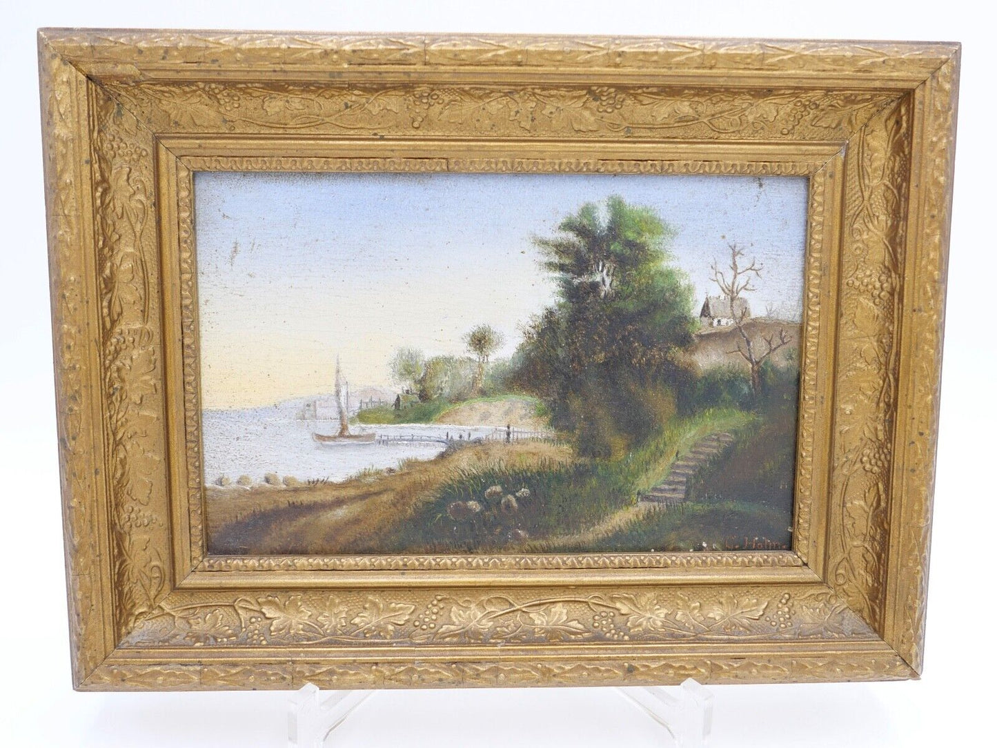 kleines Ölgemälde Öl auf Holz sig. C. Halm Landschaft Dünen Hafen very. Dänemark - Antikhandel-Stuttgart