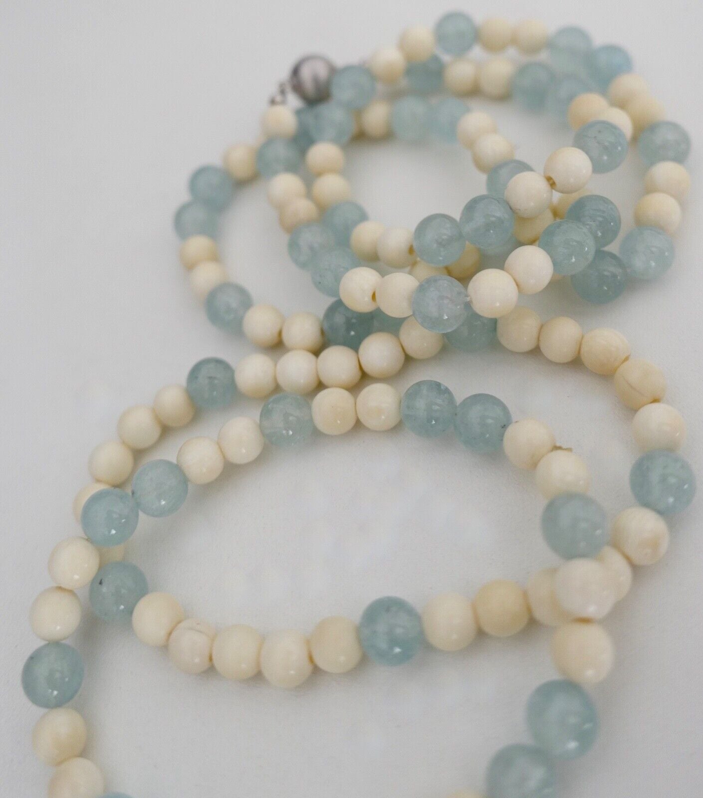 SET 3 Teilig Armband & Kette 55 cm Bein & Aquamarin 585 / 14K Gold - Antikhandel-Stuttgart