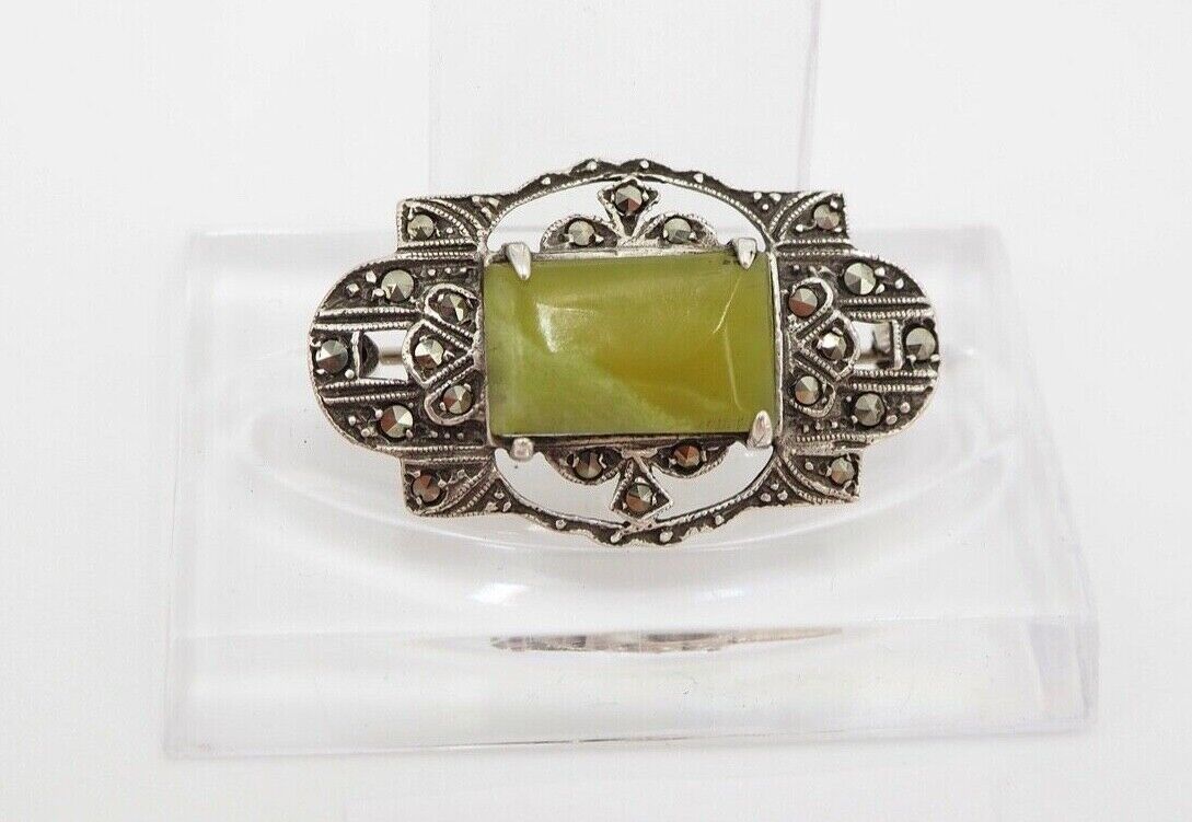 Art Deco 33 mm Brosche Silber 835 mit Markasiten und Edelstein grün - Antikhandel-Stuttgart