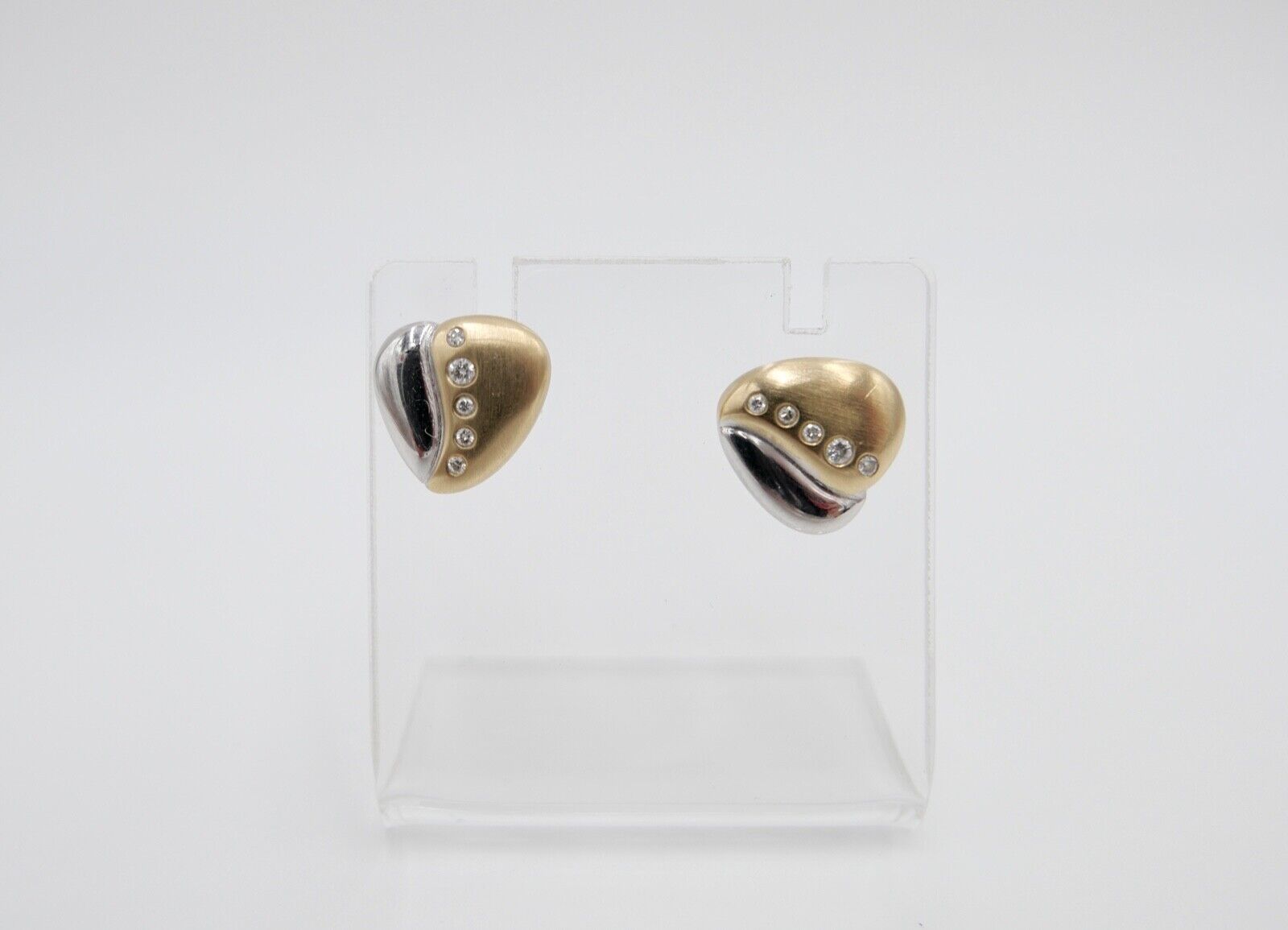 80er Jahre Bicolor Brillanten Gold Weißgold Ohrringe Ohrstecker Herz 585 - Antikhandel-Stuttgart