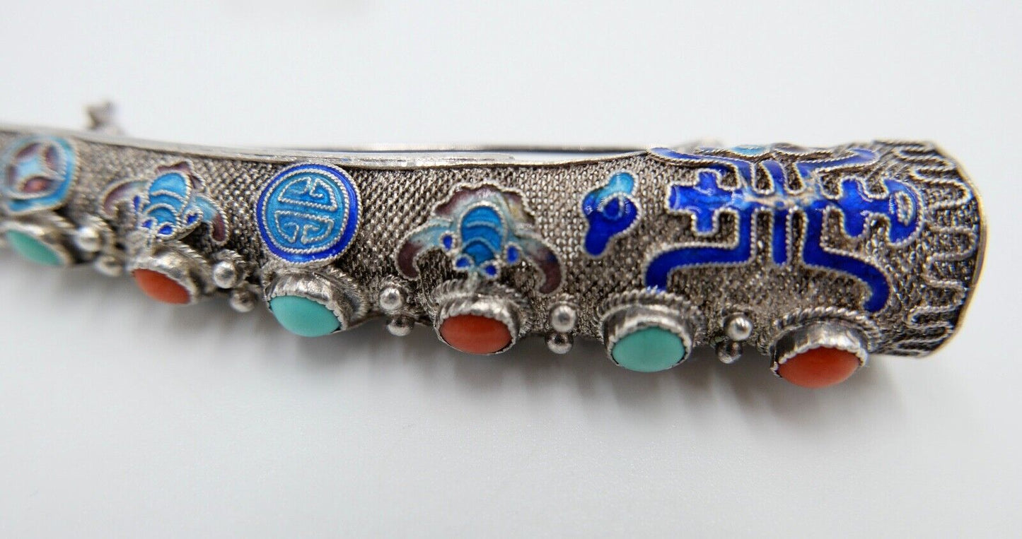 Alter China Silber Emaille Fingernagel Schutz Brosche 8,8 cm Koralle & Türkis - Antikhandel-Stuttgart