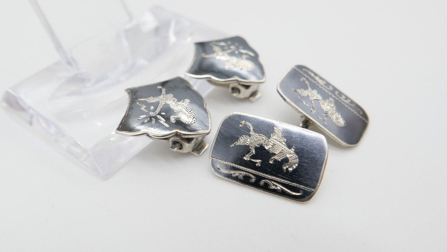 30er 40er Vintage Siam Sterling Silber Dunkelblau Grau Emaille Ohrclips - Antikhandel-Stuttgart