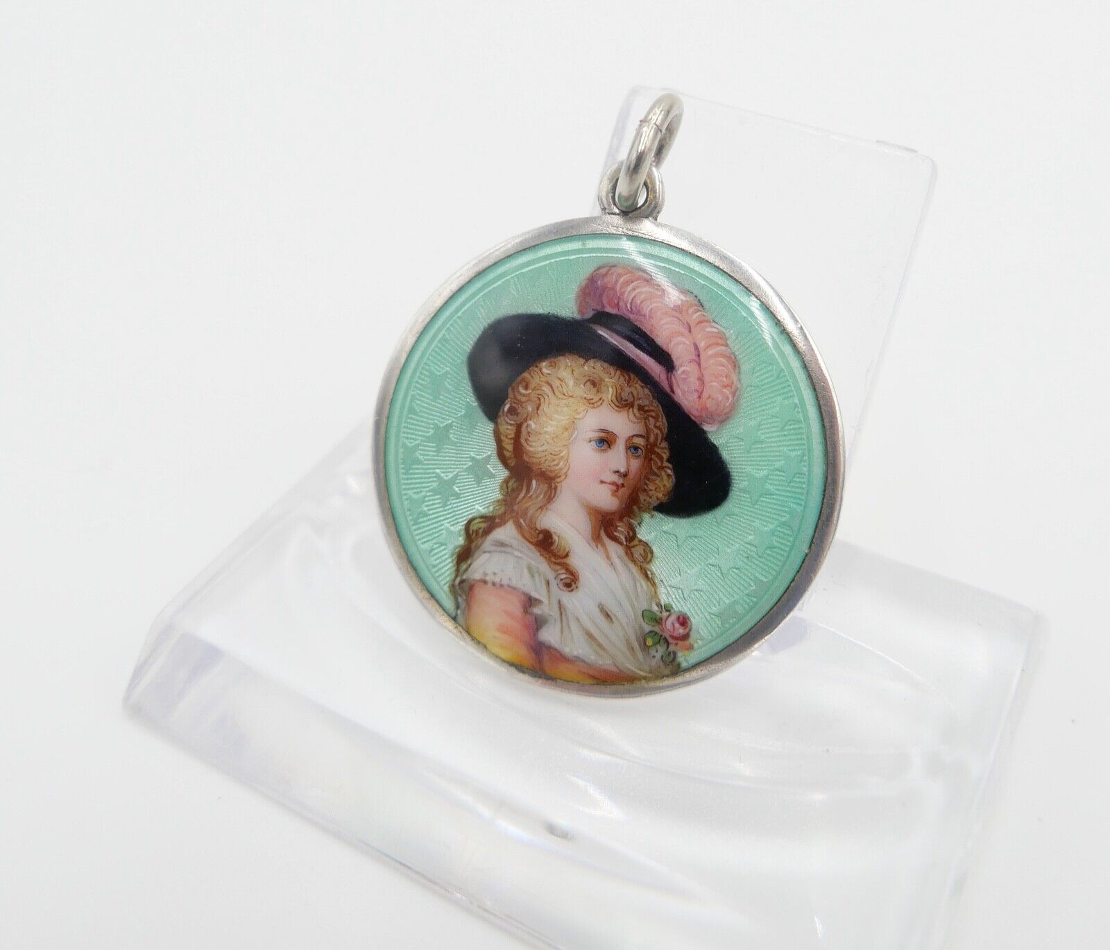 60er Jahre Silber Anhänger SM Ø29mm Emaille Barockfrau mit Hut Miniatur Portrait - Antikhandel-Stuttgart