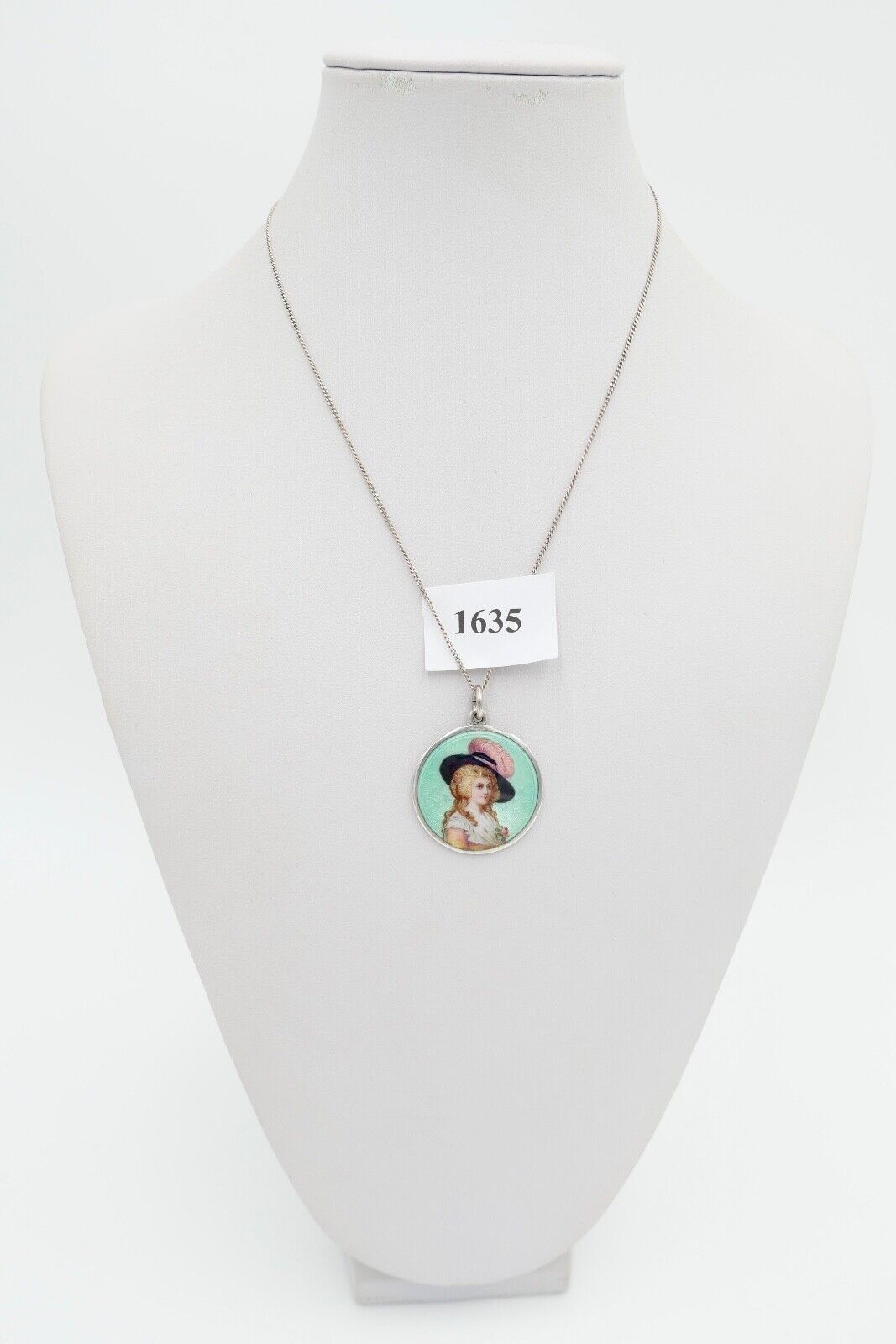 60er Jahre Silber Anhänger SM Ø29mm Emaille Barockfrau mit Hut Miniatur Portrait - Antikhandel-Stuttgart