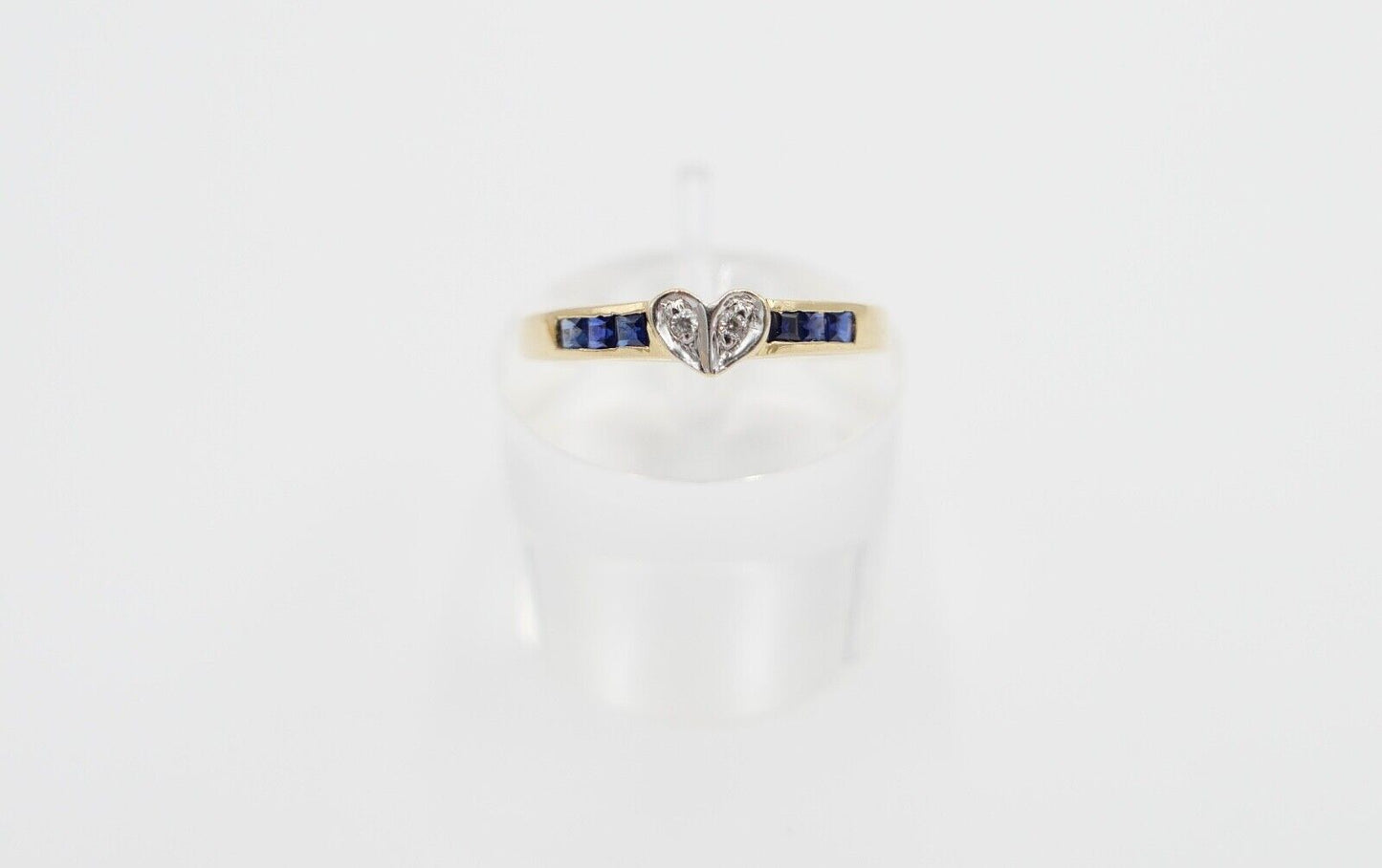 80er J. Damen Ring Herzform Gold Brillant VS / G Saphir 0,46 Ct 750 / 18K Gr. 55 - Antikhandel-Stuttgart