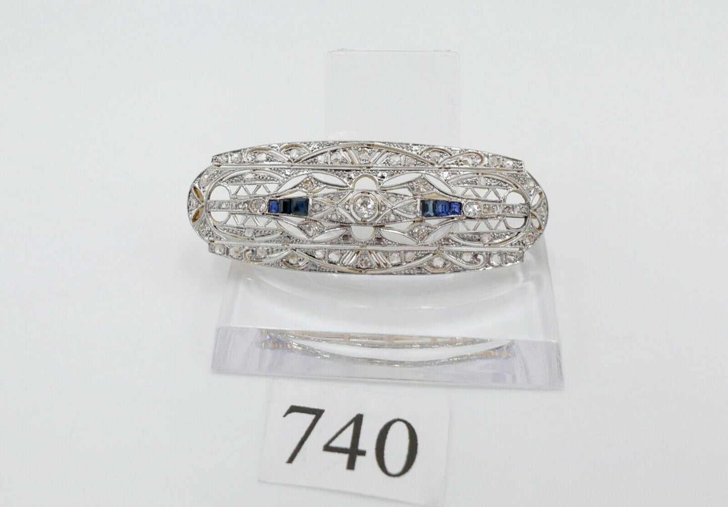 Art Deco 20er Brosche Gold Platin mit 6 Saphiren 55 Diamanten 1,8 Ct 750 18K - Antikhandel-Stuttgart