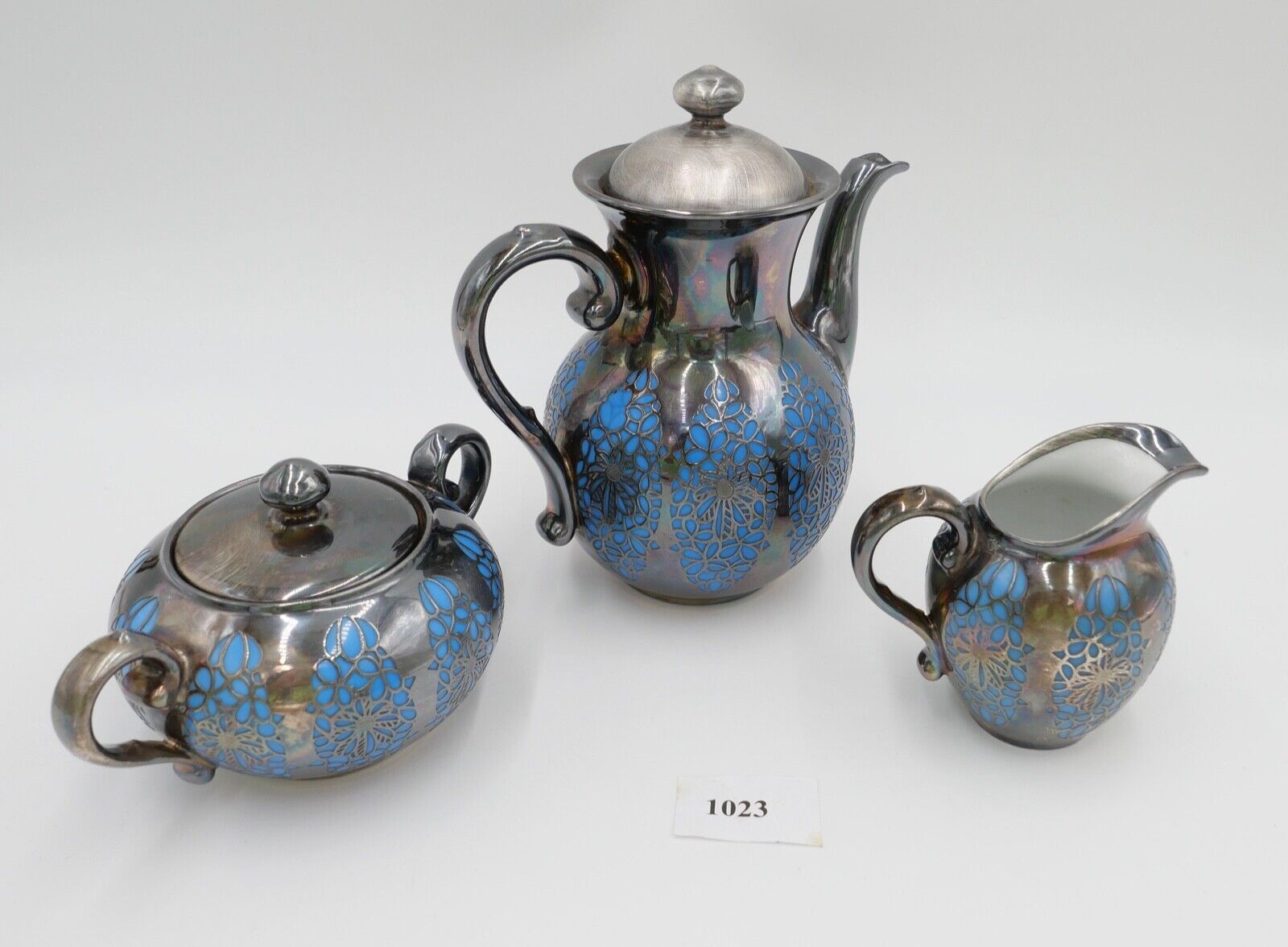 20er 30er Jahre ROSENTHAL Kaffe / Mokka Service versilbert Durchbruchmuster blau - Antikhandel-Stuttgart