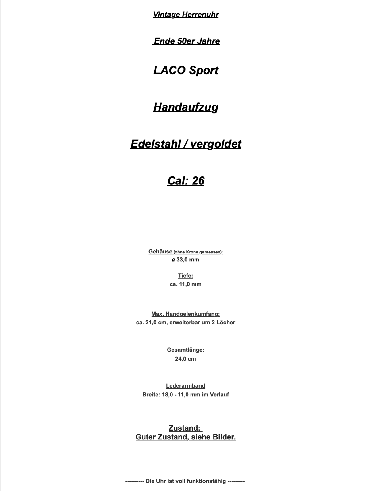 vintage Ende 50er Jahre LACO Sport Herrenuhr Cal. 26 vergoldet - Antikhandel-Stuttgart