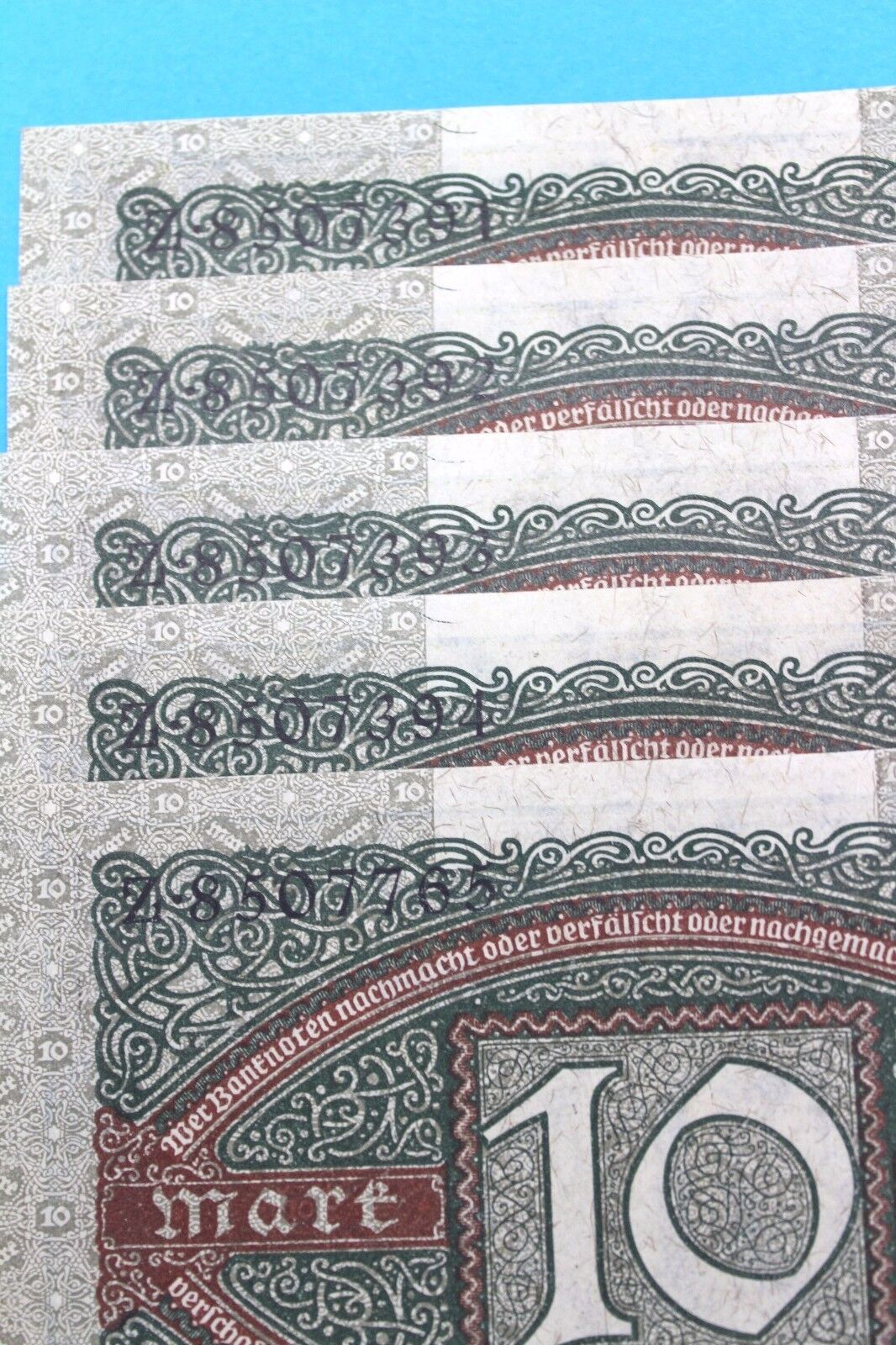 5x Ro. 63a Banknote 10 Zehn Mark 1920 old Bill KSF UNC fortlaufende Nr. TOP - Antikhandel-Stuttgart