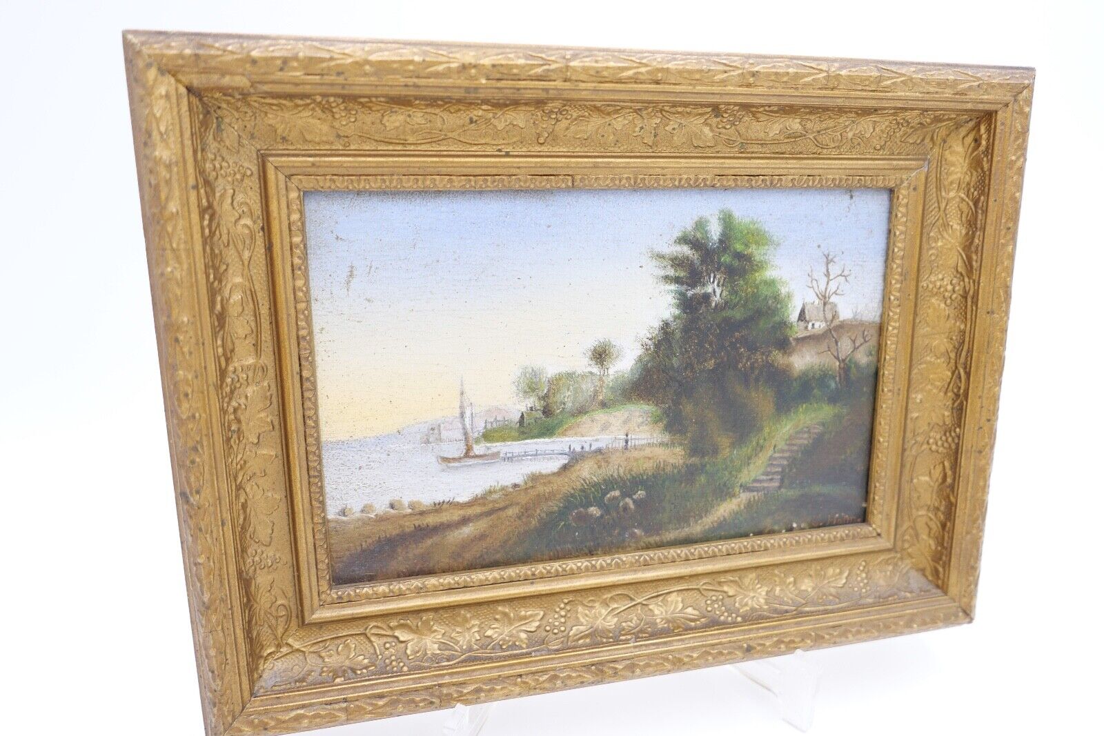 kleines Ölgemälde Öl auf Holz sig. C. Halm Landschaft Dünen Hafen very. Dänemark - Antikhandel-Stuttgart