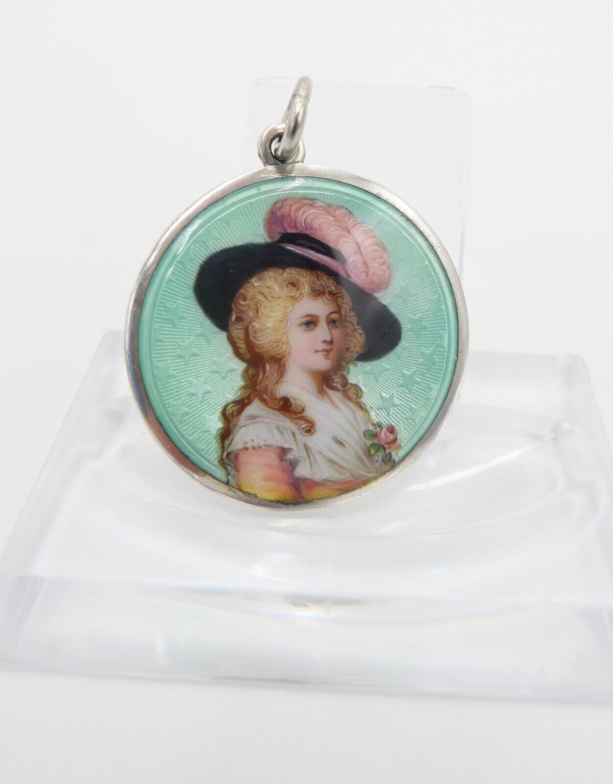 60er Jahre Silber Anhänger SM Ø29mm Emaille Barockfrau mit Hut Miniatur Portrait - Antikhandel-Stuttgart